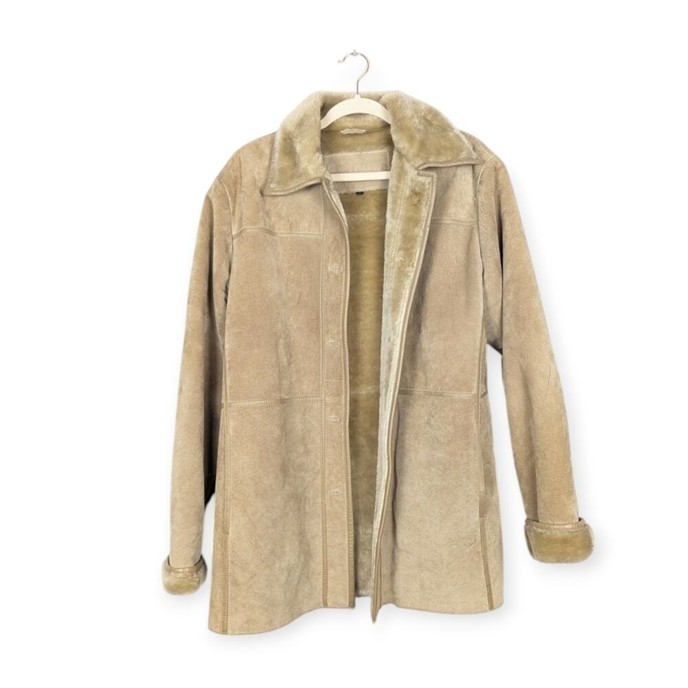 Vintage Anjum New York Tan Shearling Suede Leather Lined Coat Size L